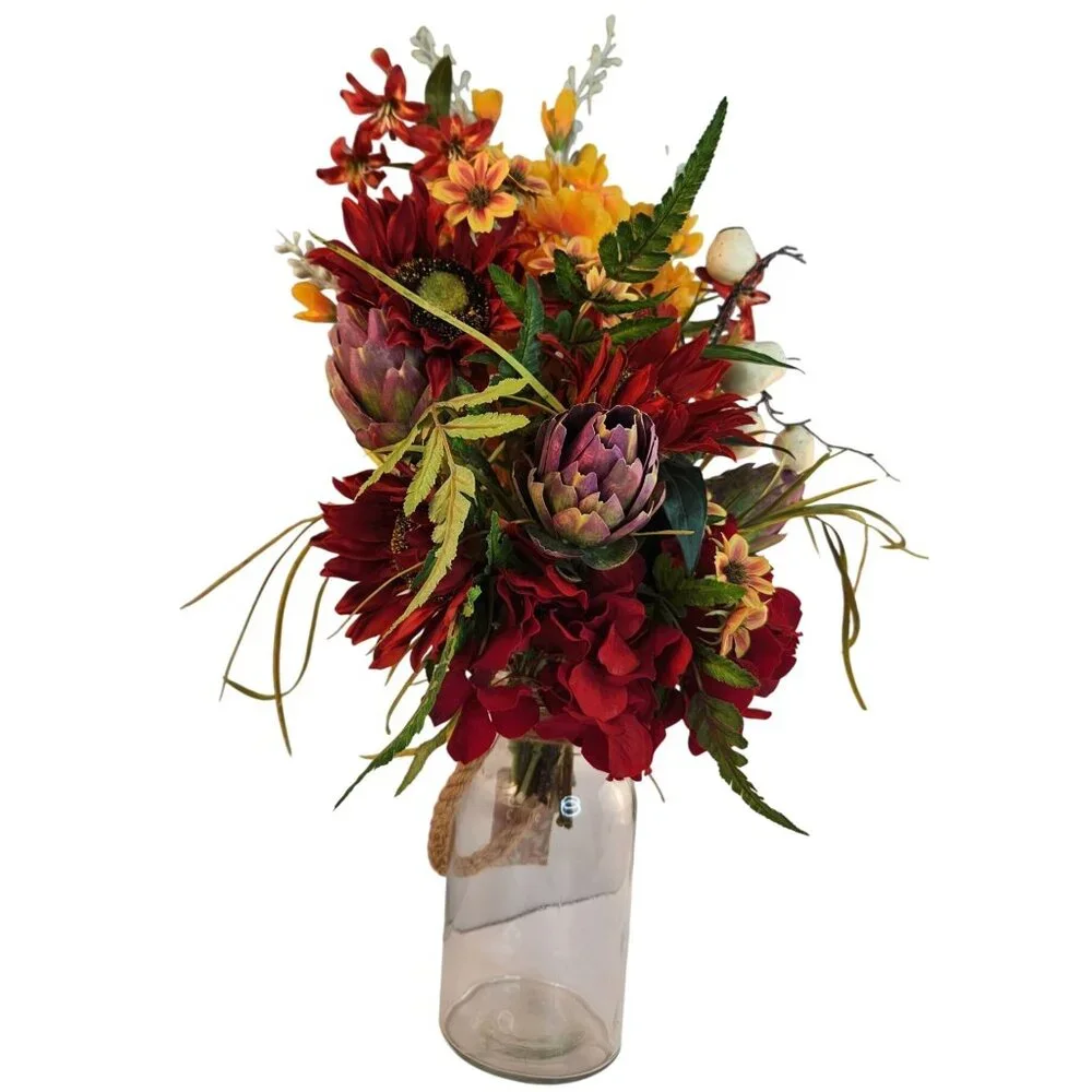Artificial Floral Arrangement Bouquet - Fall Colors Red Yellow & Textured Accent